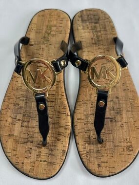 MICHAEL Michael Kors Black Jelly Thong Cork Insole Gold MK Logo Sandal Size 7